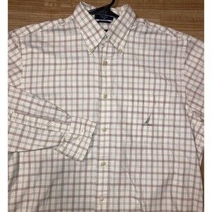 Nautica Men's M Long Sleeve Button Down White Box Plaid Pocket 100% Cotton Shirt